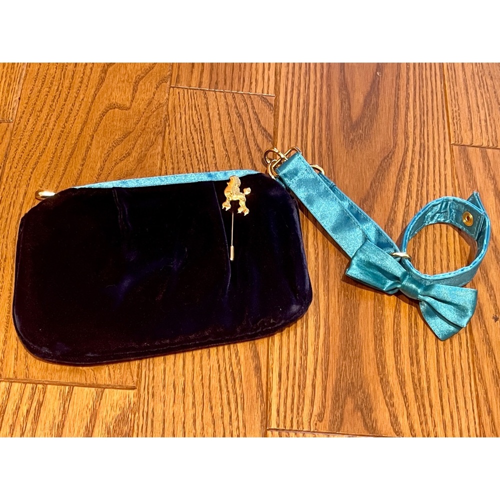 Vintage Velvet Wristlet Purse w/Satin Bow Bracelet & Poodle Pin by Trans Version